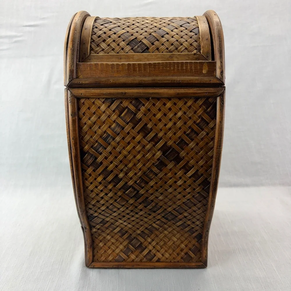 Vintage Wicker and Wood Storage Box Brown Boho Woven Latch Lid Decorative Brass